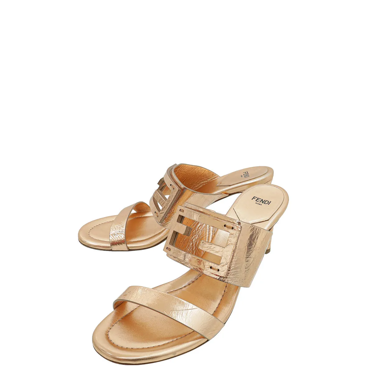 World Walk Fendi Bronze FF Logo Cutout Mules 39.5