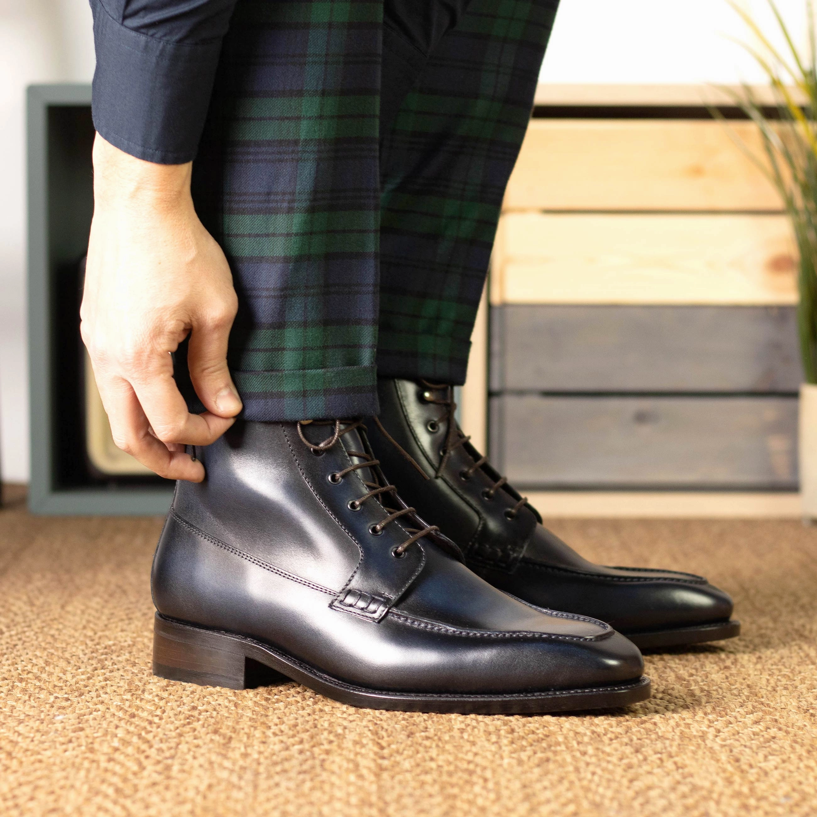 Navy Blue Calf Moc Toe Boots Rugged Built Adventure Journey Stable Support Rainy Day Commuter