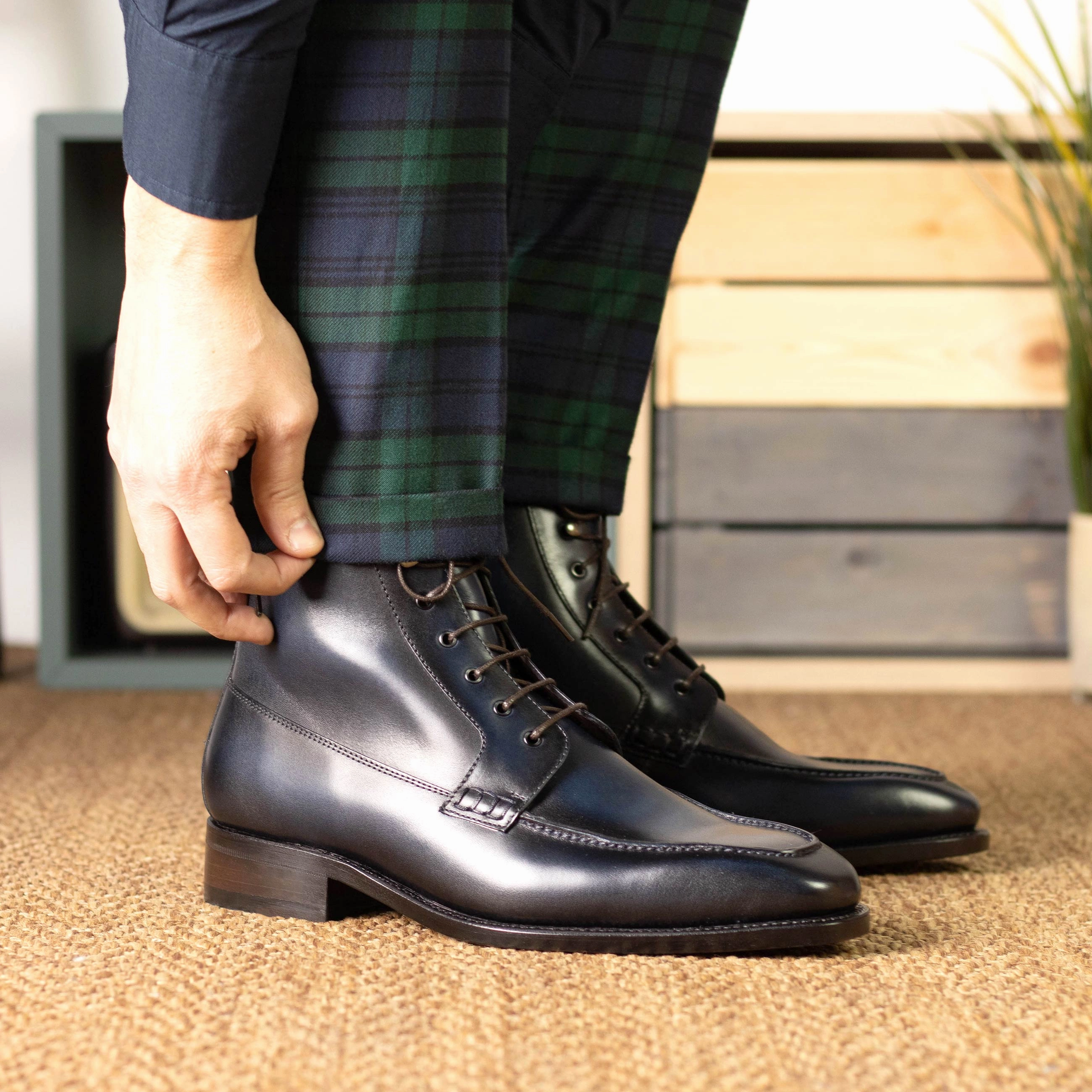 Navy Blue Calf Moc Toe Boots Supportive Fit