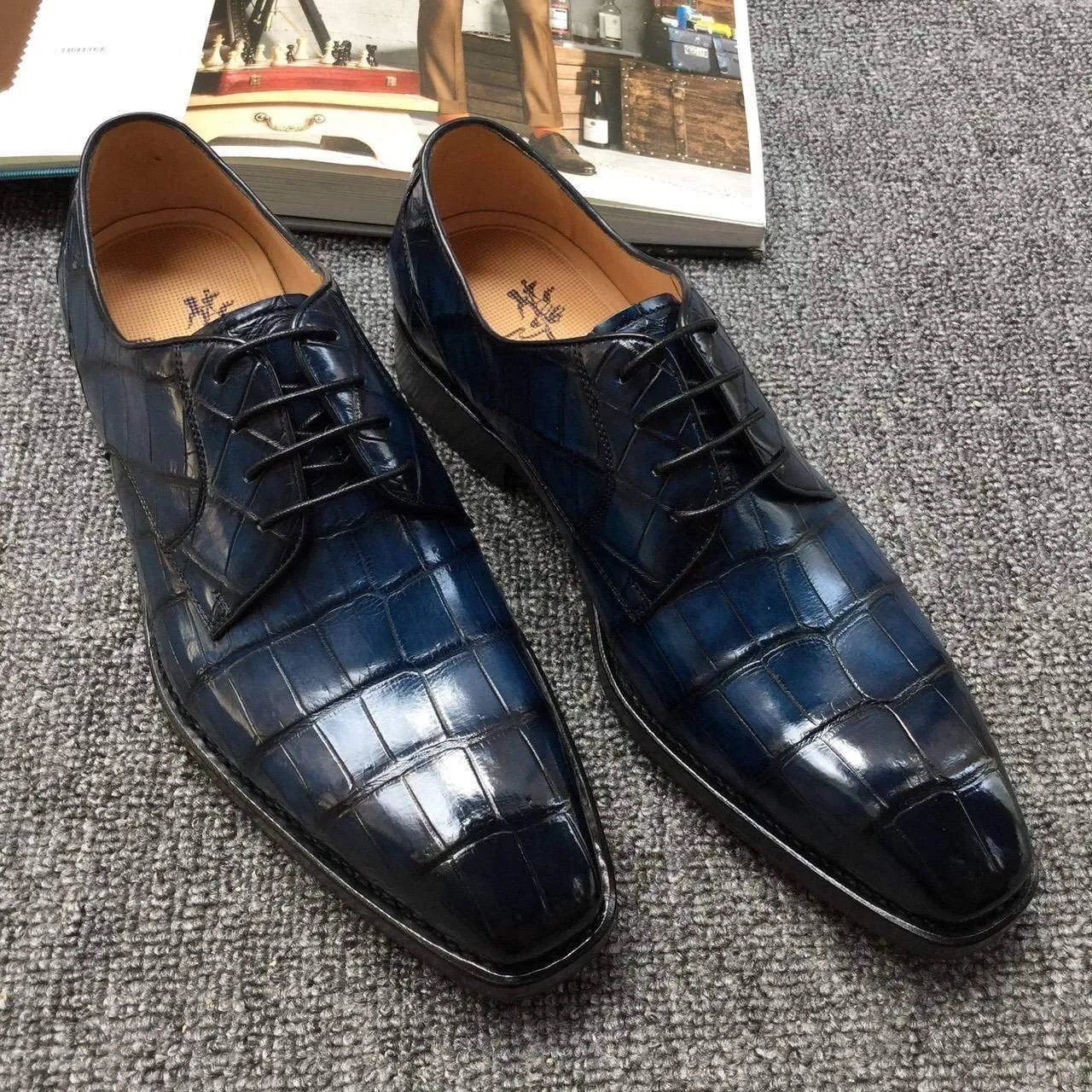 Book Glow Crocodile Shoes Men s Crocodile Leather Hand-Painted  Lace-Up Shoes ,Goodyear Sole