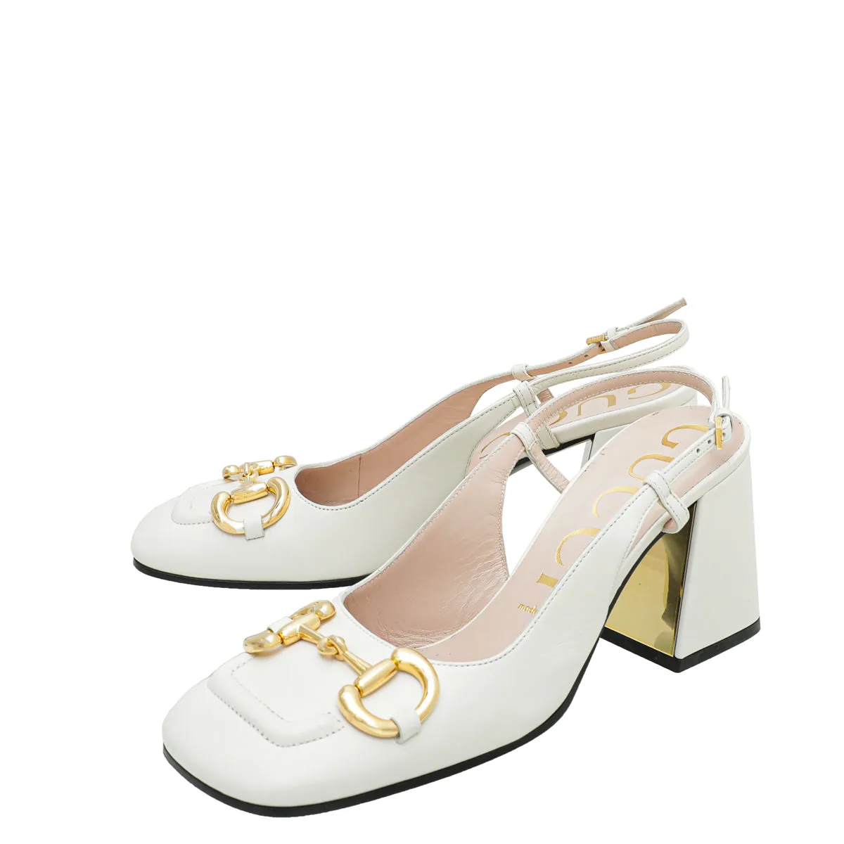 Flexible   outsole Gucci White Horsebit Mid-heel Slingback 38