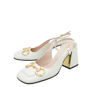 Flexible   outsole Gucci White Horsebit Mid-heel Slingback 38