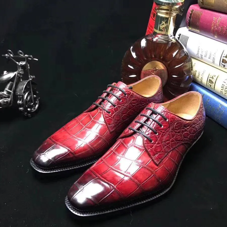 Cozy Padding Press Day Crocodile Shoes Burnished Burgundy Crocodile Belly  Leather Lace-Up Shoes For Men