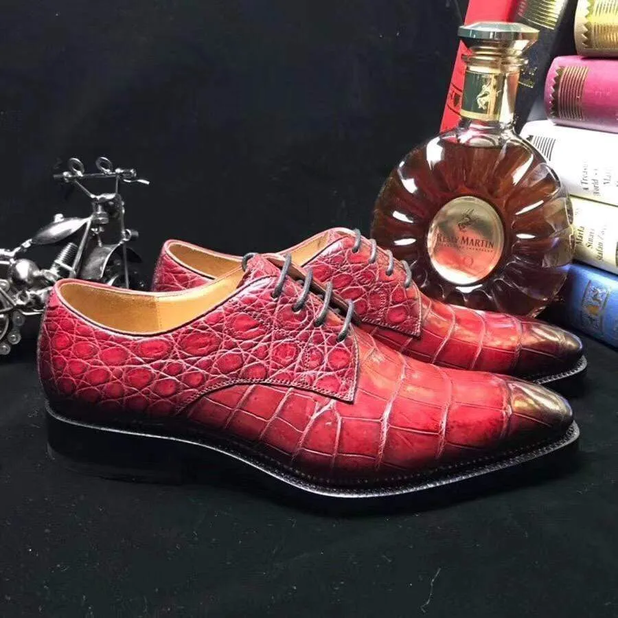 Forest Step Leaf Path Crocodile Shoes Burnished Burgundy Crocodile Belly  Leather Lace-Up Shoes For Men