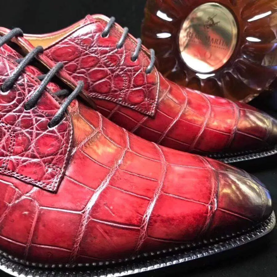 Crocodile Shoes Burnished Burgundy Crocodile Belly  Leather Lace-Up Shoes For Men Lazy Mood School Glow
