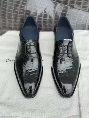 Crocodile Shoes Mens Crocodile Leather Business Lace Up Dress Shoes Black Retro Vibe Cotton Feel