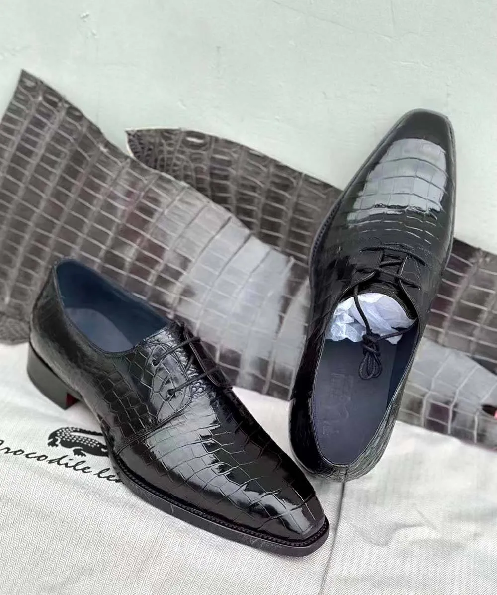 Velvet Touch Library Glow Crocodile Shoes Mens Crocodile Leather Business Lace Up Dress Shoes Black