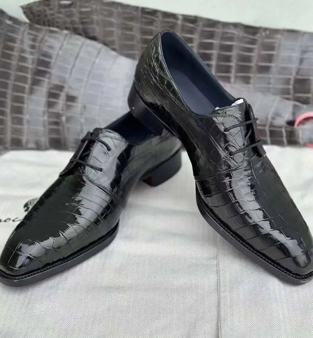 Scent Glow Crocodile Shoes Mens Crocodile Leather Business Lace Up Dress Shoes Black