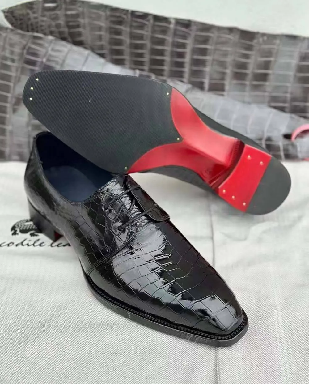 Hidden Walk Crocodile Shoes Mens Crocodile Leather Business Lace Up Dress Shoes Black