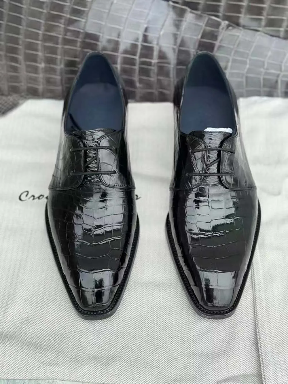 Crocodile Shoes Mens Crocodile Leather Business Lace Up Dress Shoes Black Retro Vibe Cotton Feel