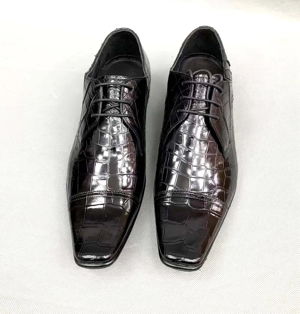 Crocodile Shoes Mens Crocodile Leather Duckbill Toe Cap Lace Up Dress Shoes Comfortable Walking Dusk Light