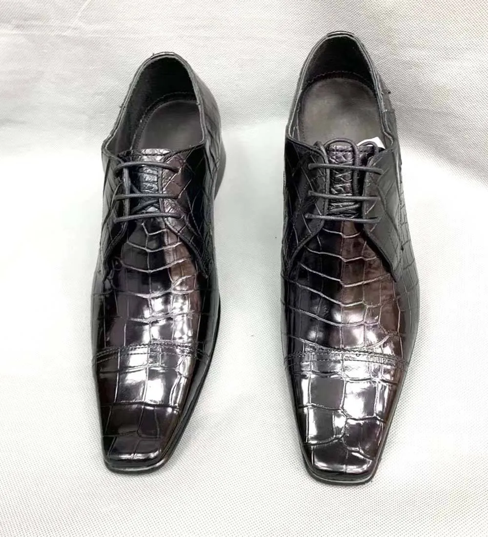 Crocodile Shoes Mens Crocodile Leather Duckbill Toe Cap Lace Up Dress Shoes Happy Glow Footwear for All