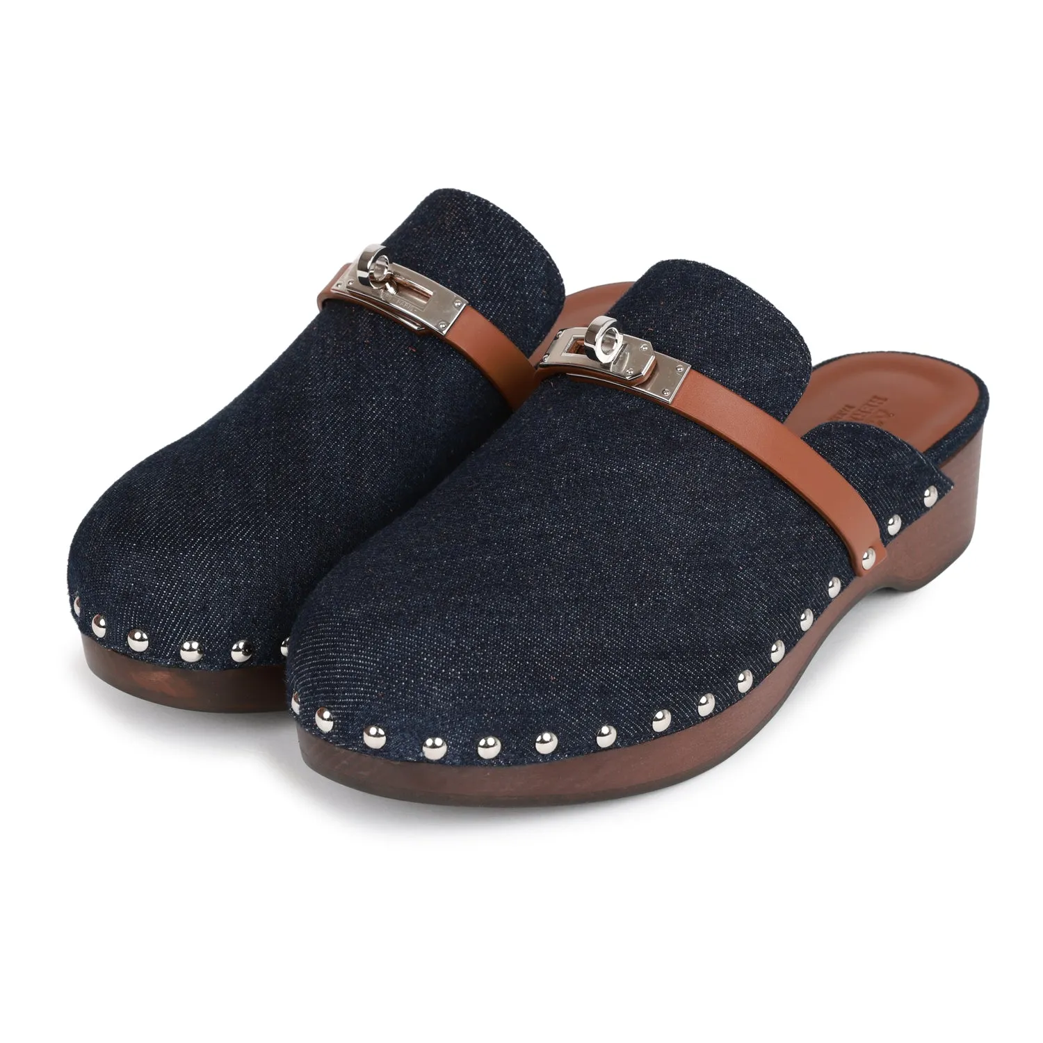 Hermes Carlotta Mule Bleu Brut Denim and Gold Calfskin Family Time