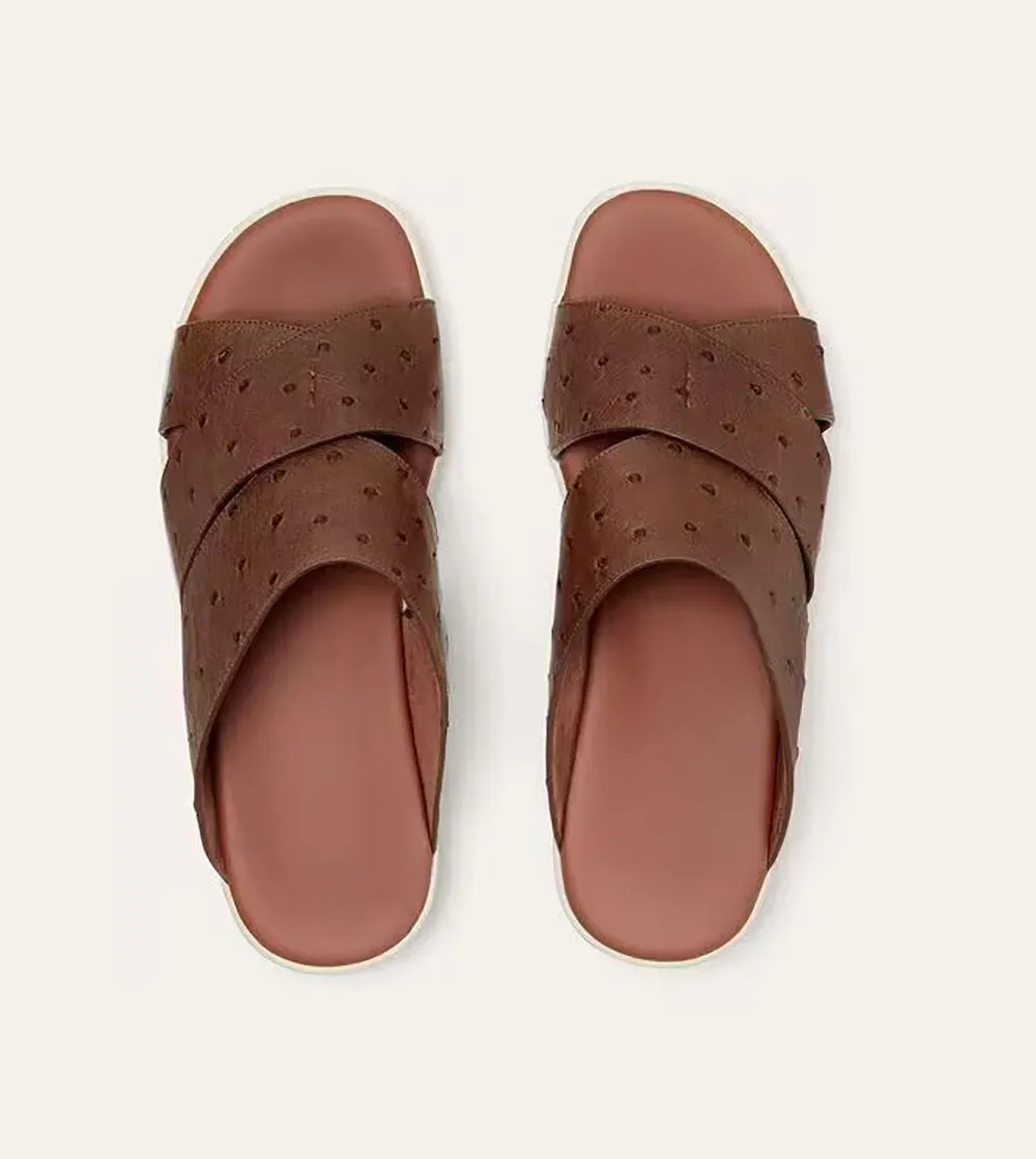 Wood Path Ostrich Skin Leather Slippers Men's Ostrich Skin Leather Slippers