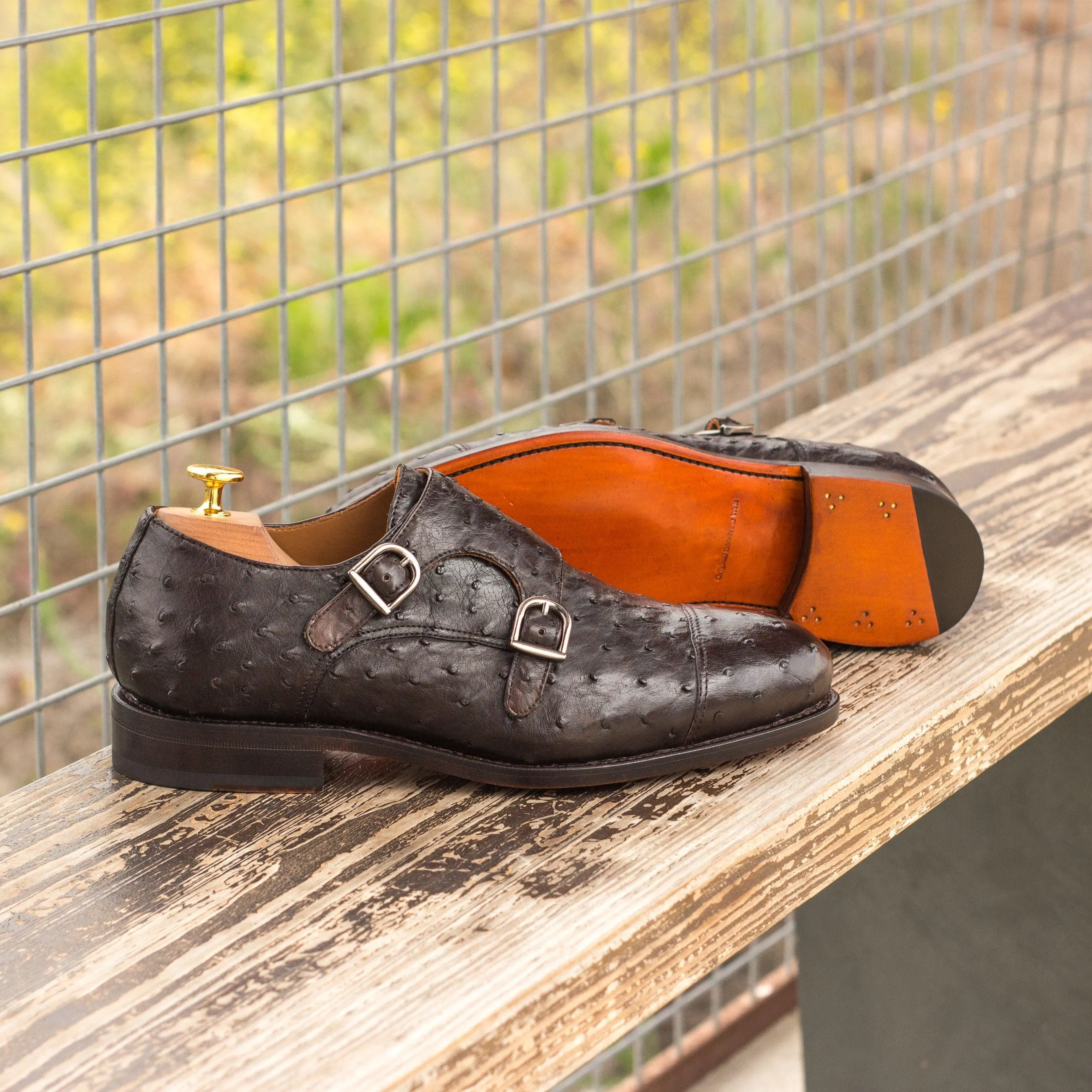 All Day Standing Brown Ostrich Double Monk Shoes