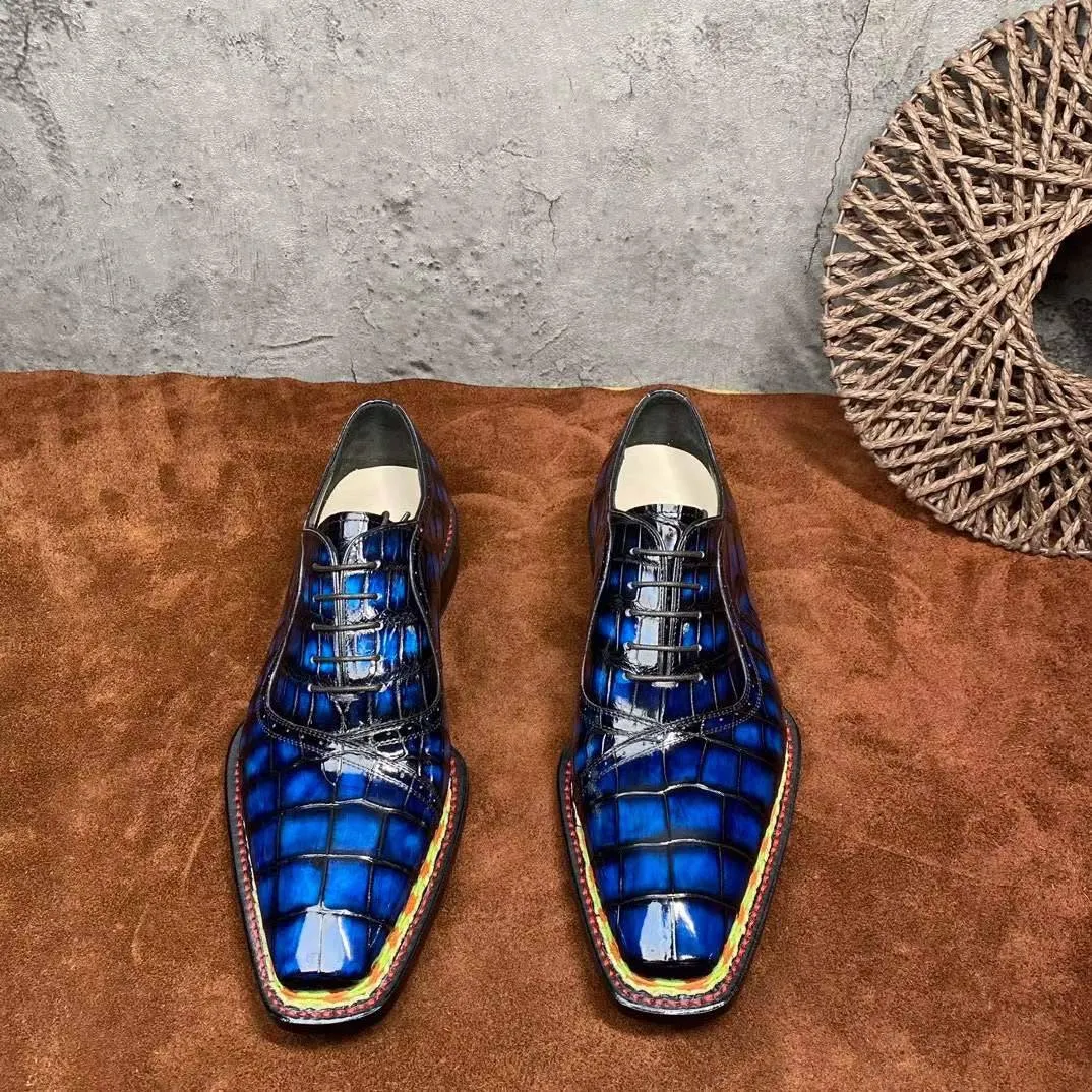 Ferry Step Anti-Fatigue Footwear Crocodile Shoes Men's  Crocodile Leather  Norwegian Stitching Lace Up Dress Shoes Vintage Blue