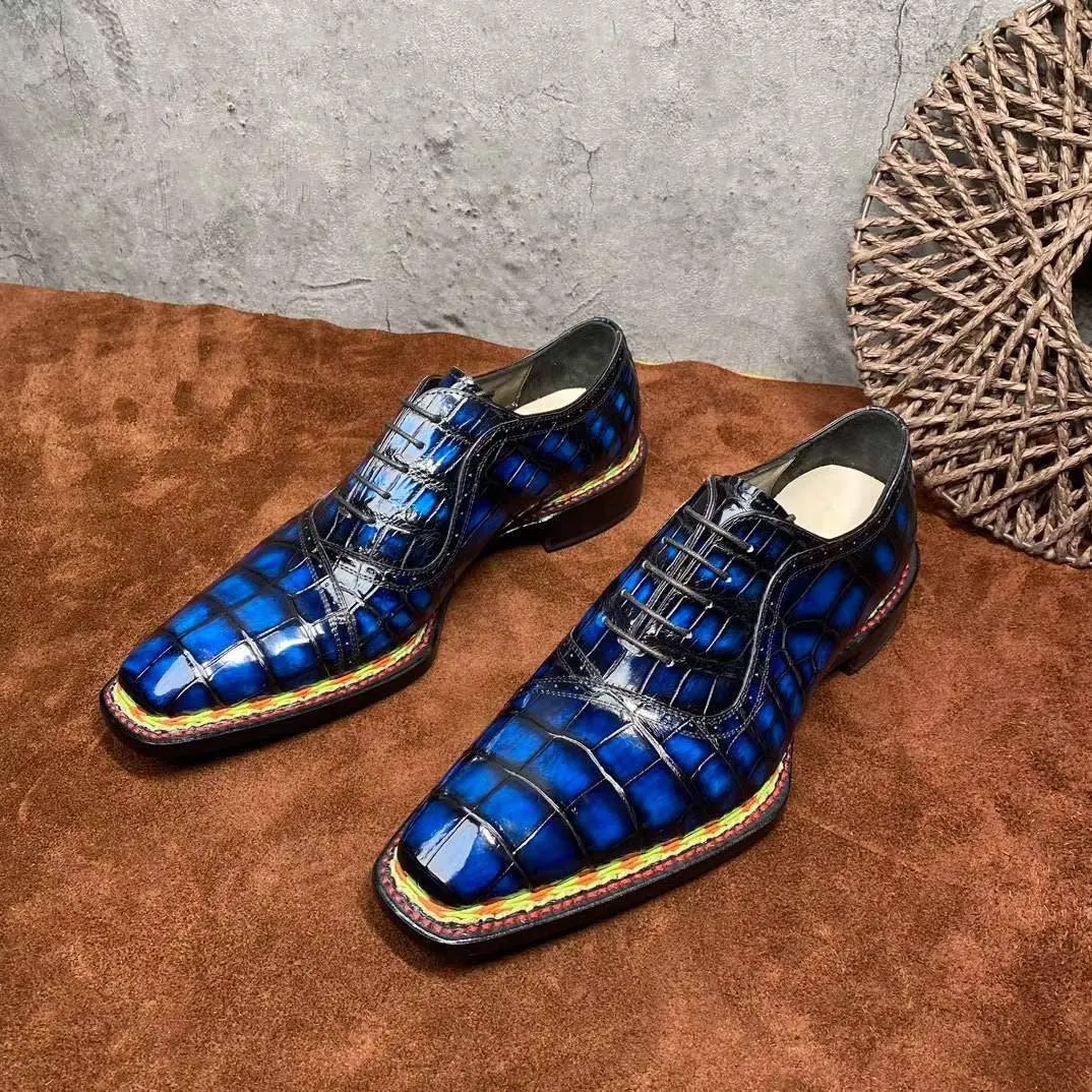 Crocodile Shoes Men's  Crocodile Leather  Norwegian Stitching Lace Up Dress Shoes Vintage Blue Study Walk Stretch Fit Footwear