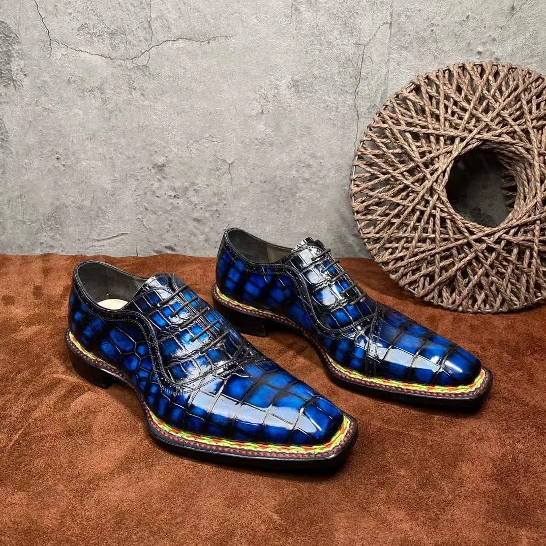 High-Quality Craft Relaxed Design Crocodile Shoes Men's  Crocodile Leather  Norwegian Stitching Lace Up Dress Shoes Vintage Blue