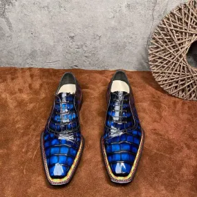 Ferry Step Anti-Fatigue Footwear Crocodile Shoes Men's  Crocodile Leather  Norwegian Stitching Lace Up Dress Shoes Vintage Blue