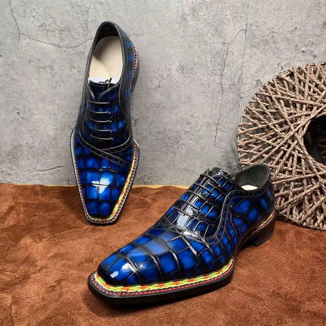 Sporty Chic Crocodile Shoes Men's  Crocodile Leather  Norwegian Stitching Lace Up Dress Shoes Vintage Blue
