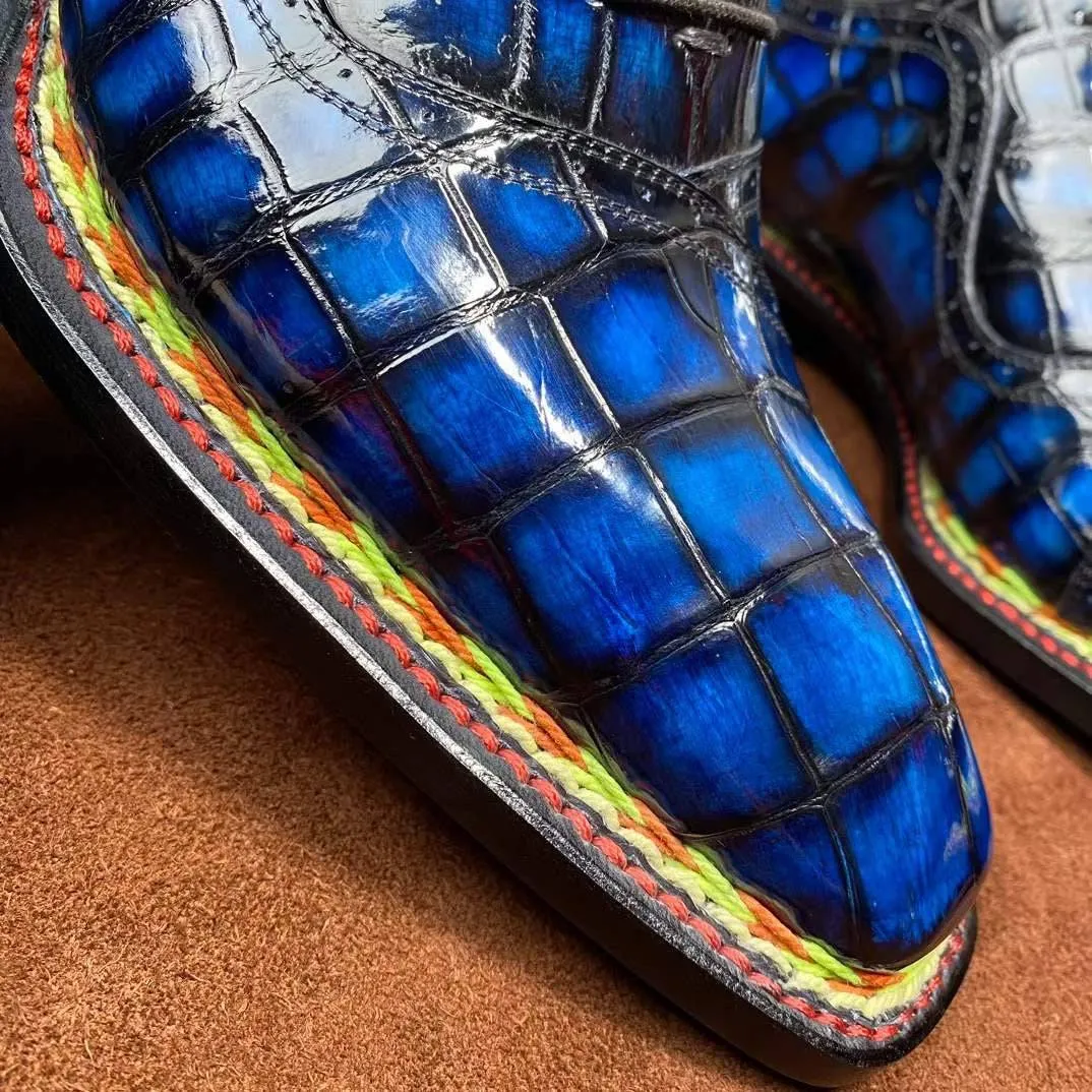 Crocodile Shoes Men's  Crocodile Leather  Norwegian Stitching Lace Up Dress Shoes Vintage Blue Supportive Walk Soft Soles