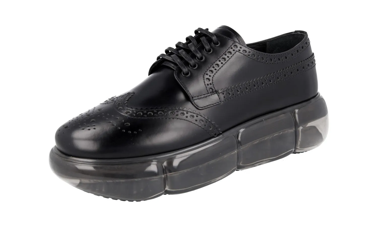 Flex Groove Engineering Ultra Lightweight Frame Prada Women's Black Full Brogue Leather Sneaker 1E071M