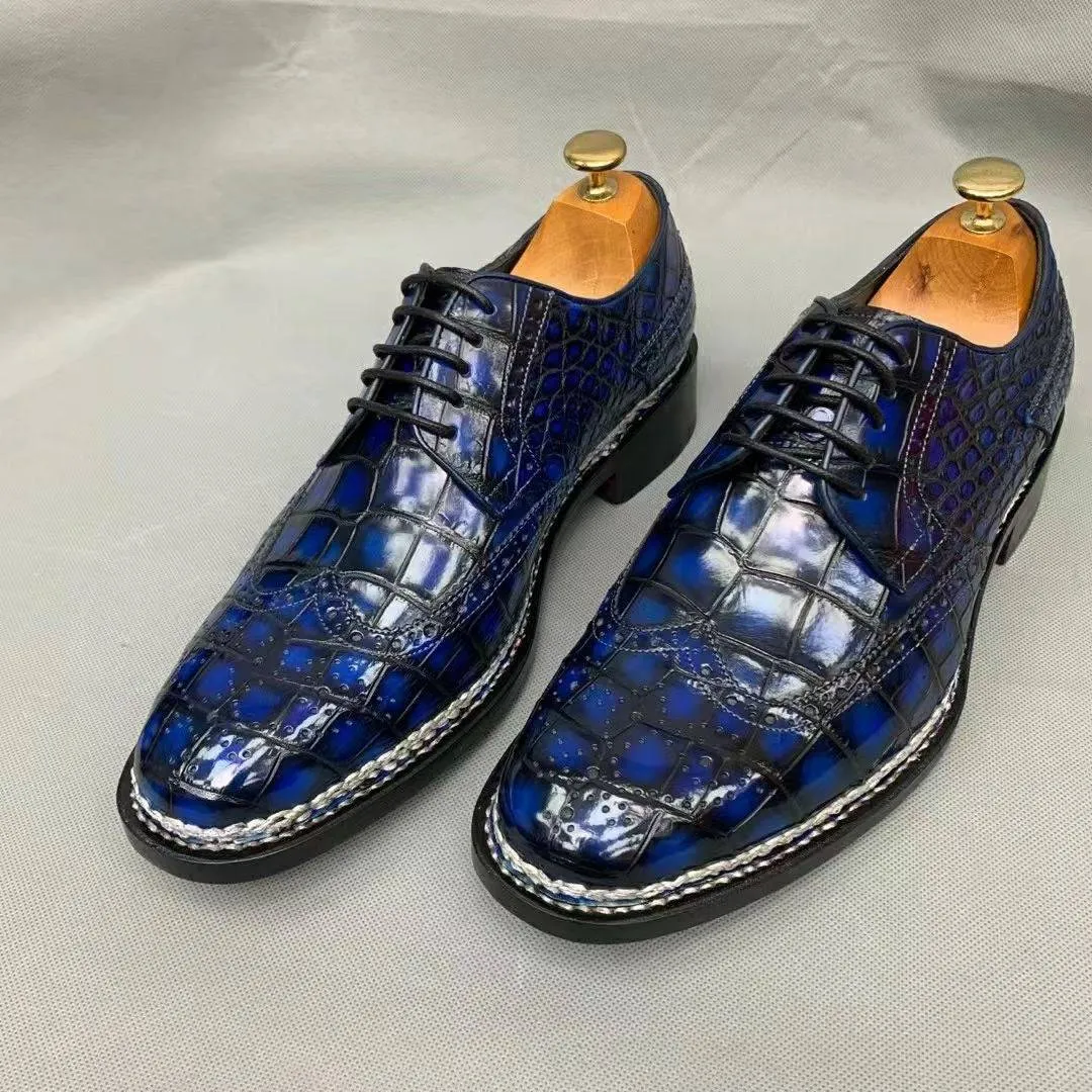 Show Glow Crocodile Shoes Men's Crocodile Leather Norwegian Stitch Lace-Up Shoes