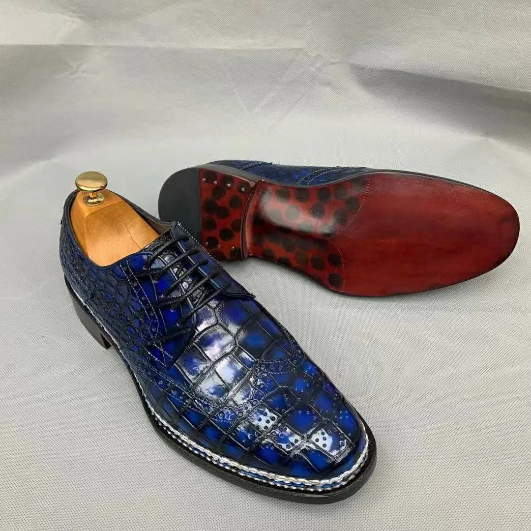 mesh ventilation Outdoor Go Crocodile Shoes Men's Crocodile Leather Norwegian Stitch Lace-Up Shoes