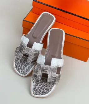 Scandi Clean Crocodile Slippers Women's Crocodile Leather Flat Slippers