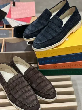 Wide Base Nubuck Crocodile Shoes Men's Crocodile Leather Loafers Slip-On Dress Shoes Very Comfortable