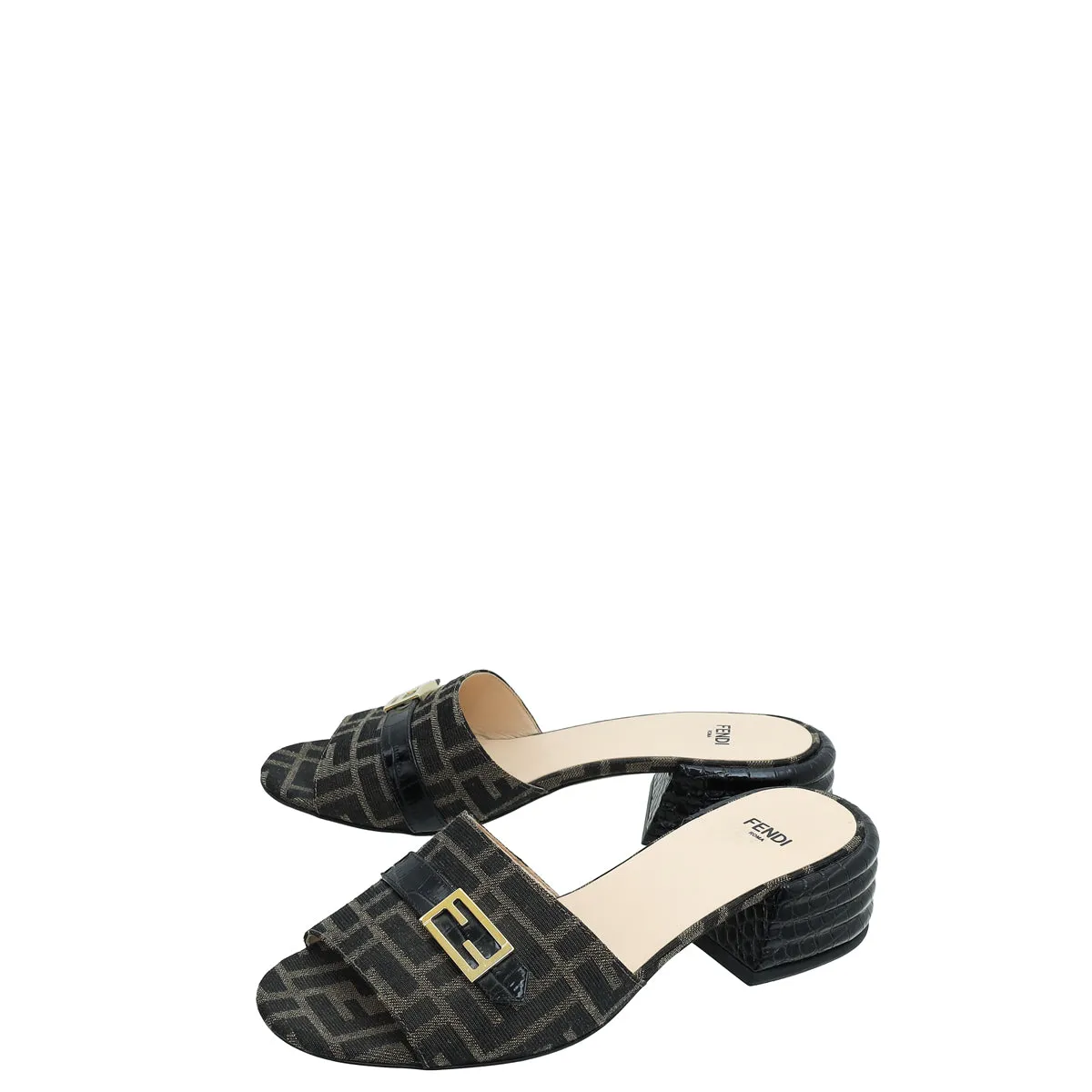 Stable Step Fendi Bicolor Zucca FF Buckle Heeled Mules 38