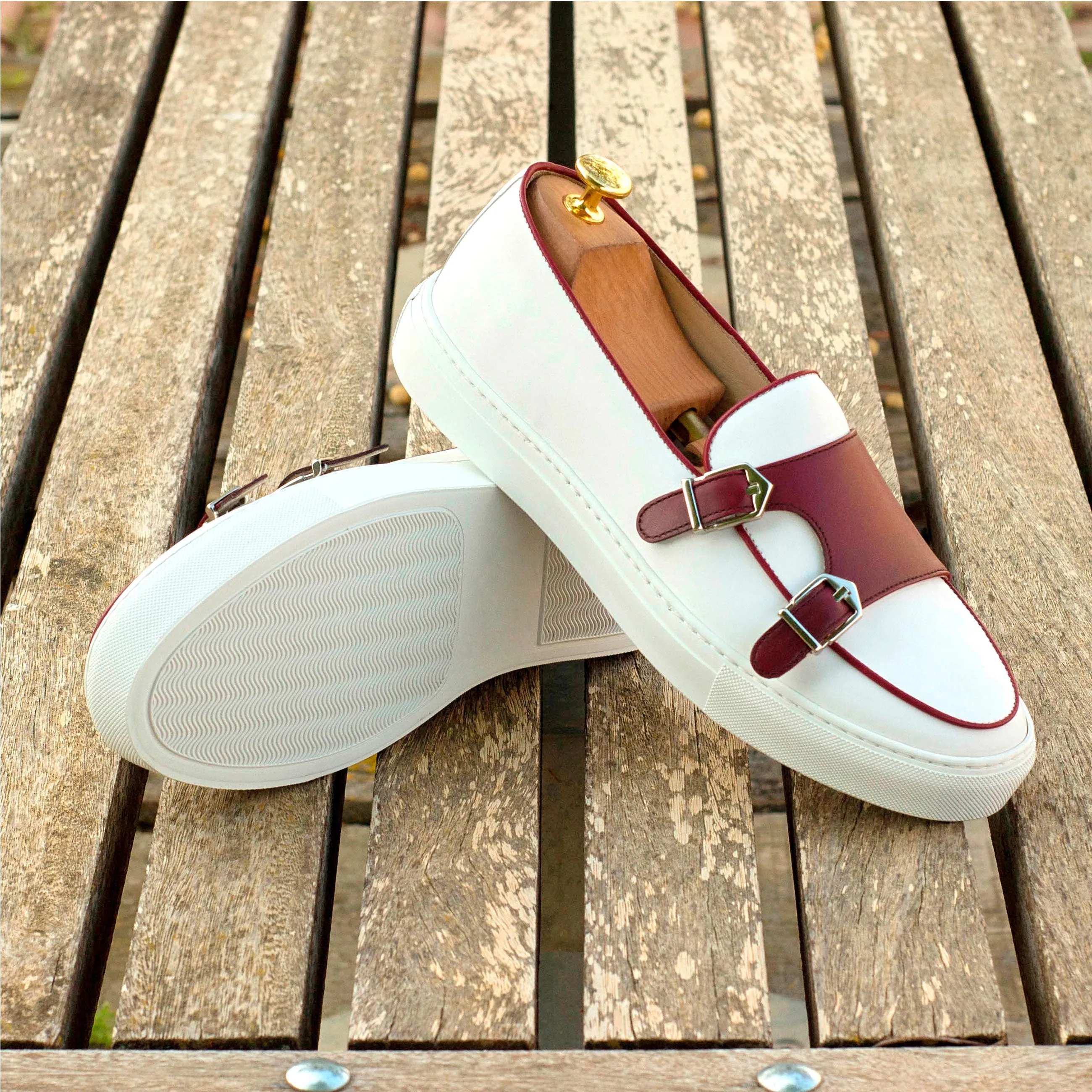 Biodegradable Components White & Burgundy Nappa Double-Monk Sneakers