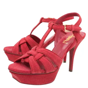 YSL Red Suede & Glitter Tribute Mid Heel 36 Boho Chic Heels Trendy Boots