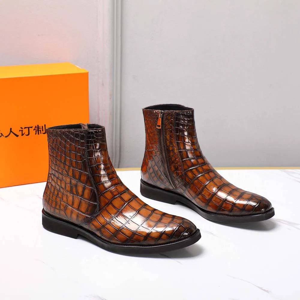 Crocodile Shoes Men's Crocodile Leather Side Zipper Chelsea Boots Timeless Look Everyday Comfort Shoes