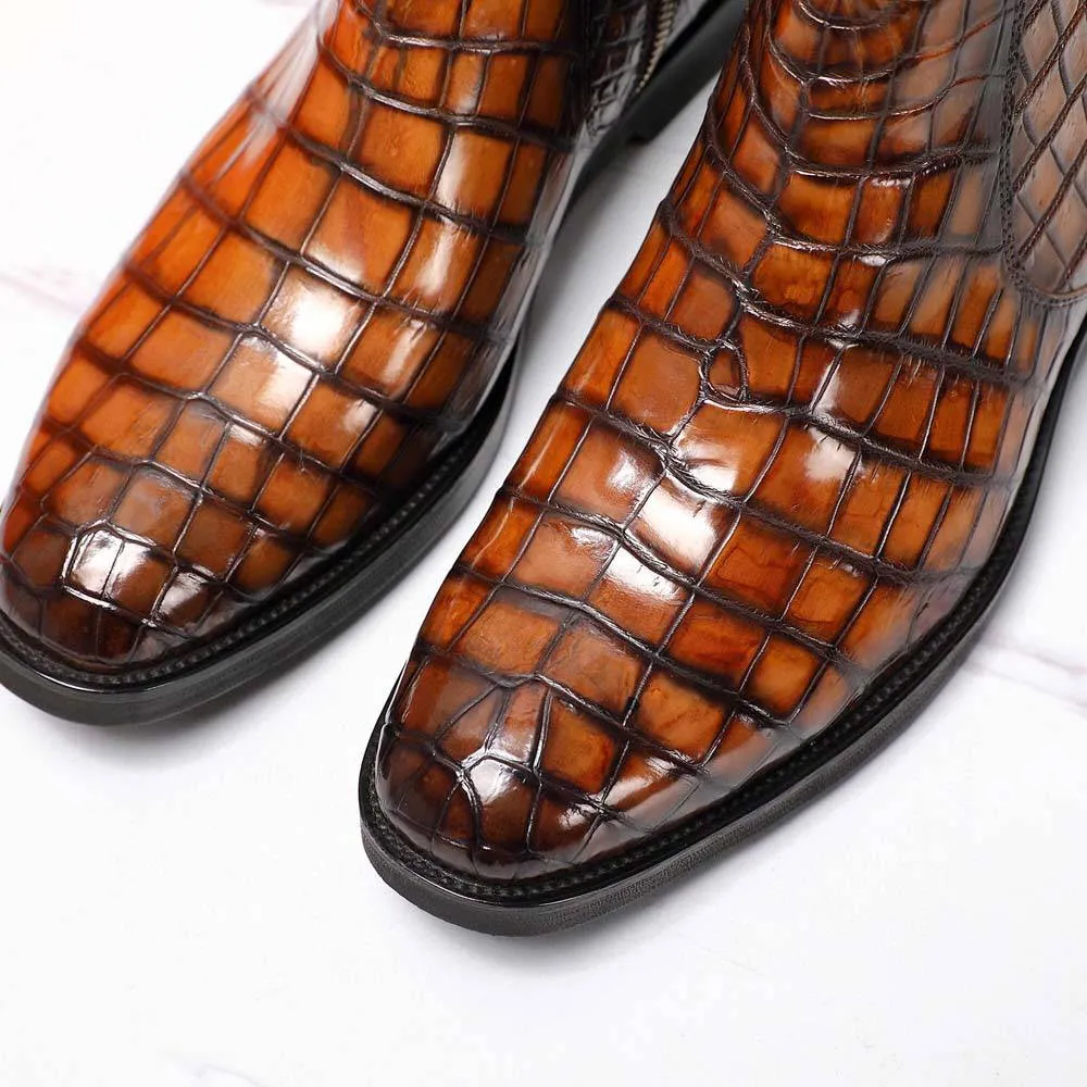 Crocodile Shoes Men's Crocodile Leather Side Zipper Chelsea Boots Scent Glow French Charm