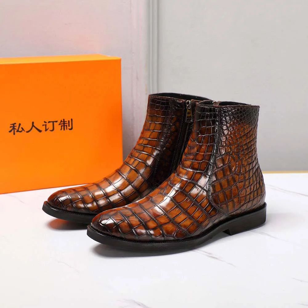Crocodile Shoes Men's Crocodile Leather Side Zipper Chelsea Boots Party Walk Stylish Look
