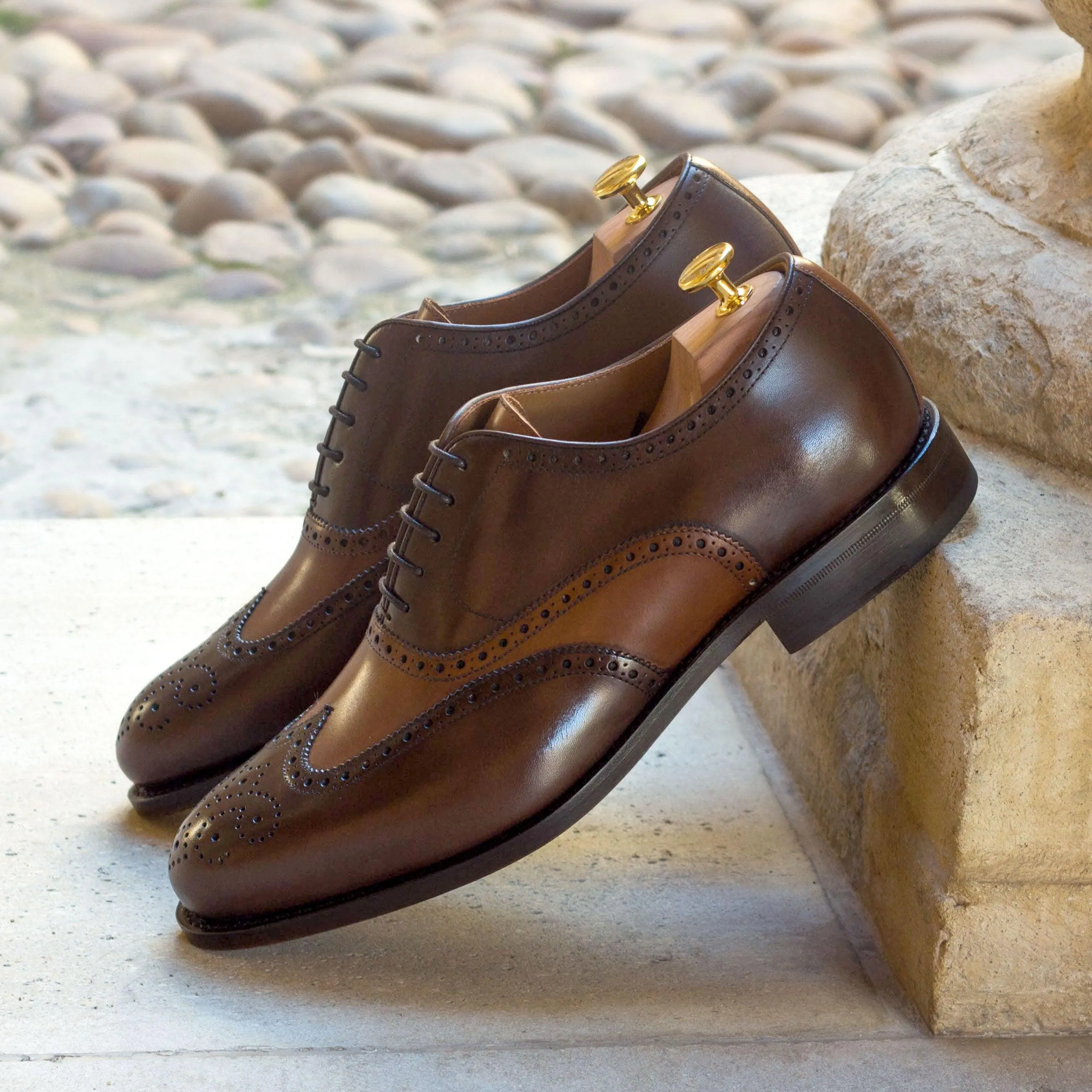 Dark Brown & Cognac Calf Leather Brogue Vintage Shade Good Grip