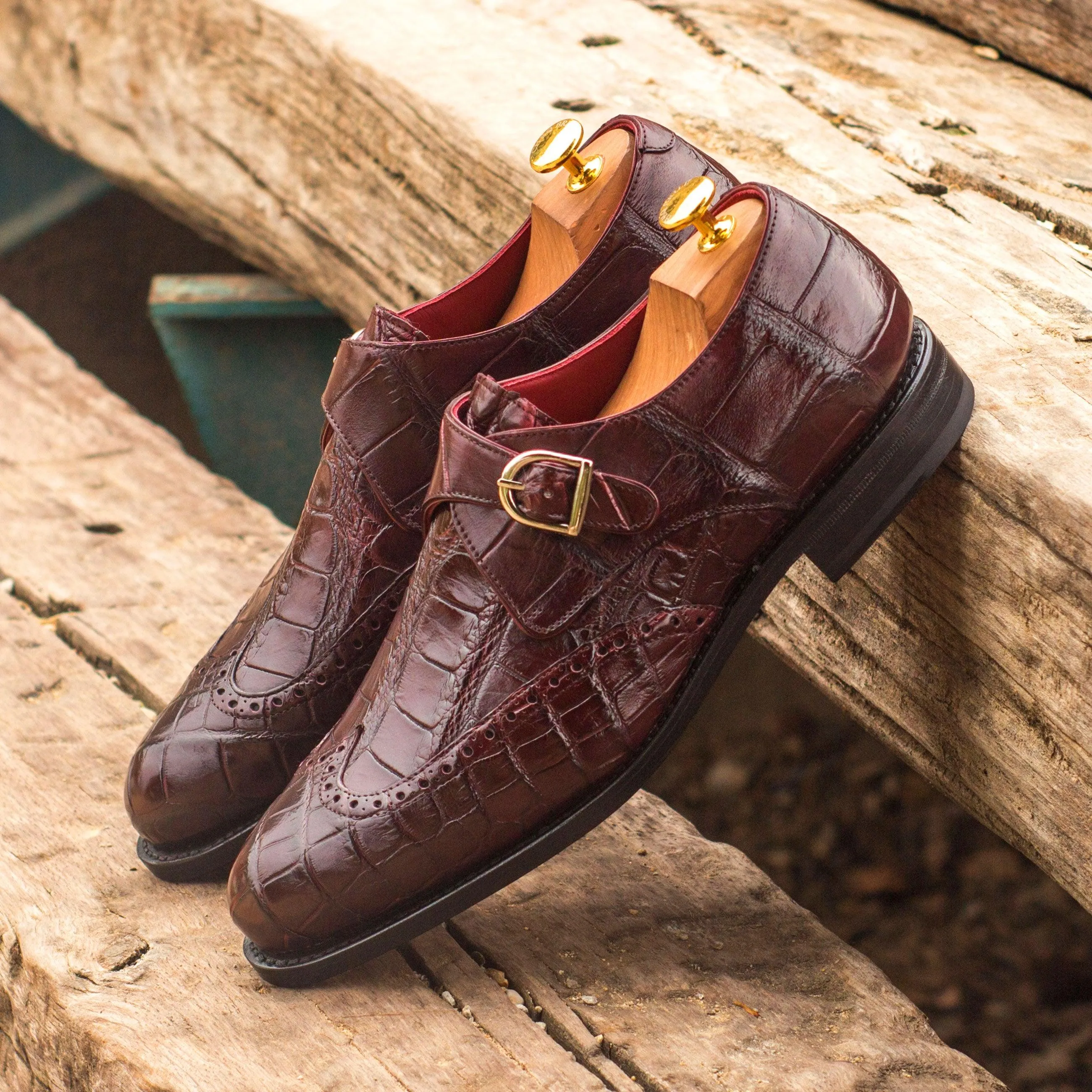 Chisel Cut Burgundy Alligator Single Monk Shoes