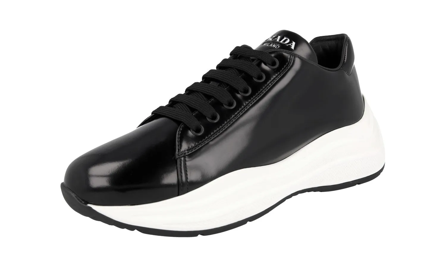 Impact Dispersing Geometries Rollbar Stability System Prada Women's Black Brushed Spazzolato Leather Sneaker 1E679L