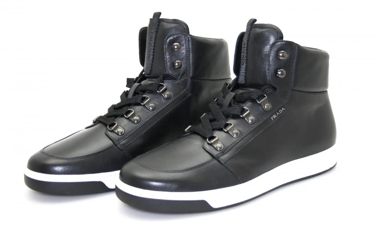 Heat Sealed Reinforcements Structured wear Prada Men's Black Leather High-Top Sneaker 4T2783