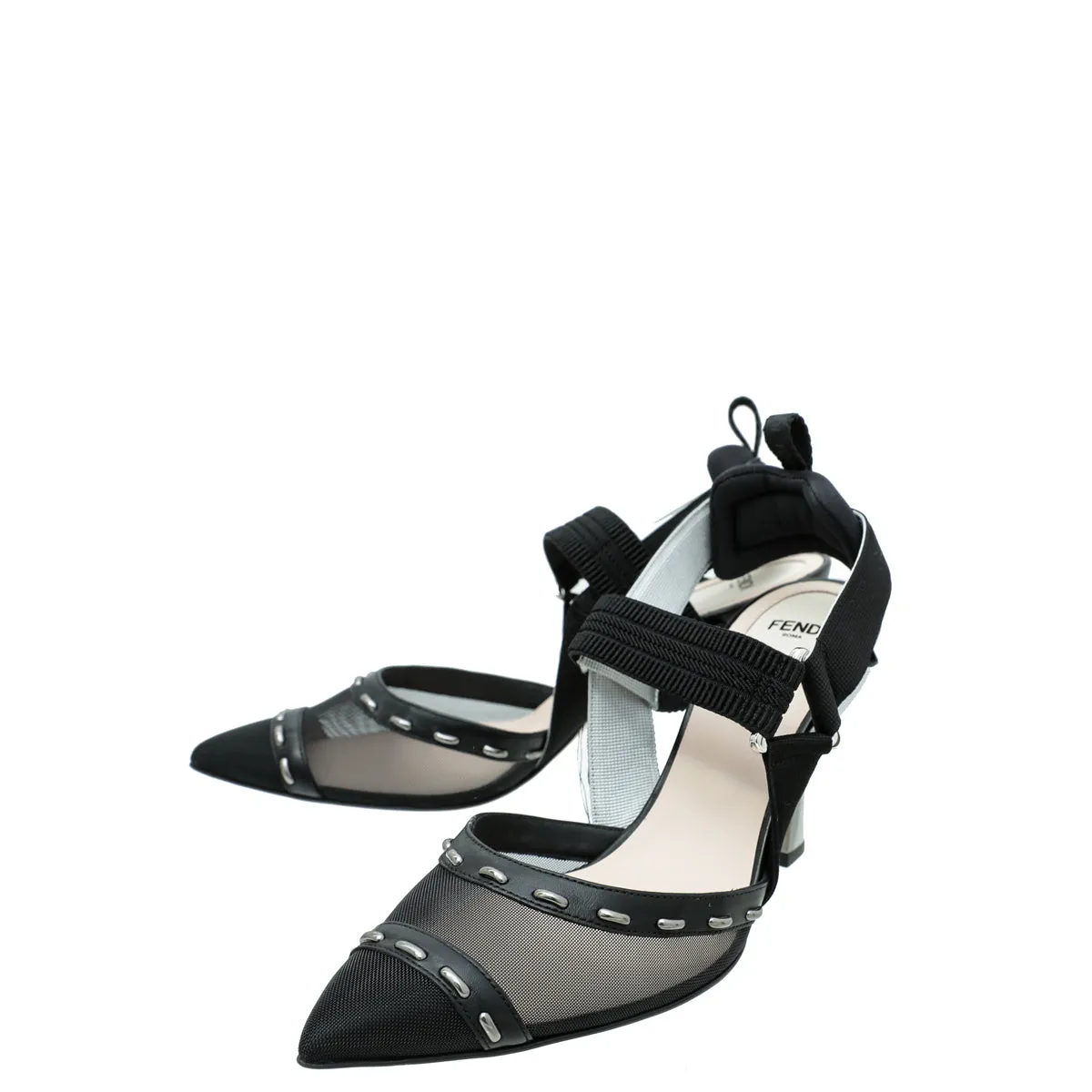 Fendi Black Mesh Colibri Slingback Pumps 38 Quick Step Block Walk
