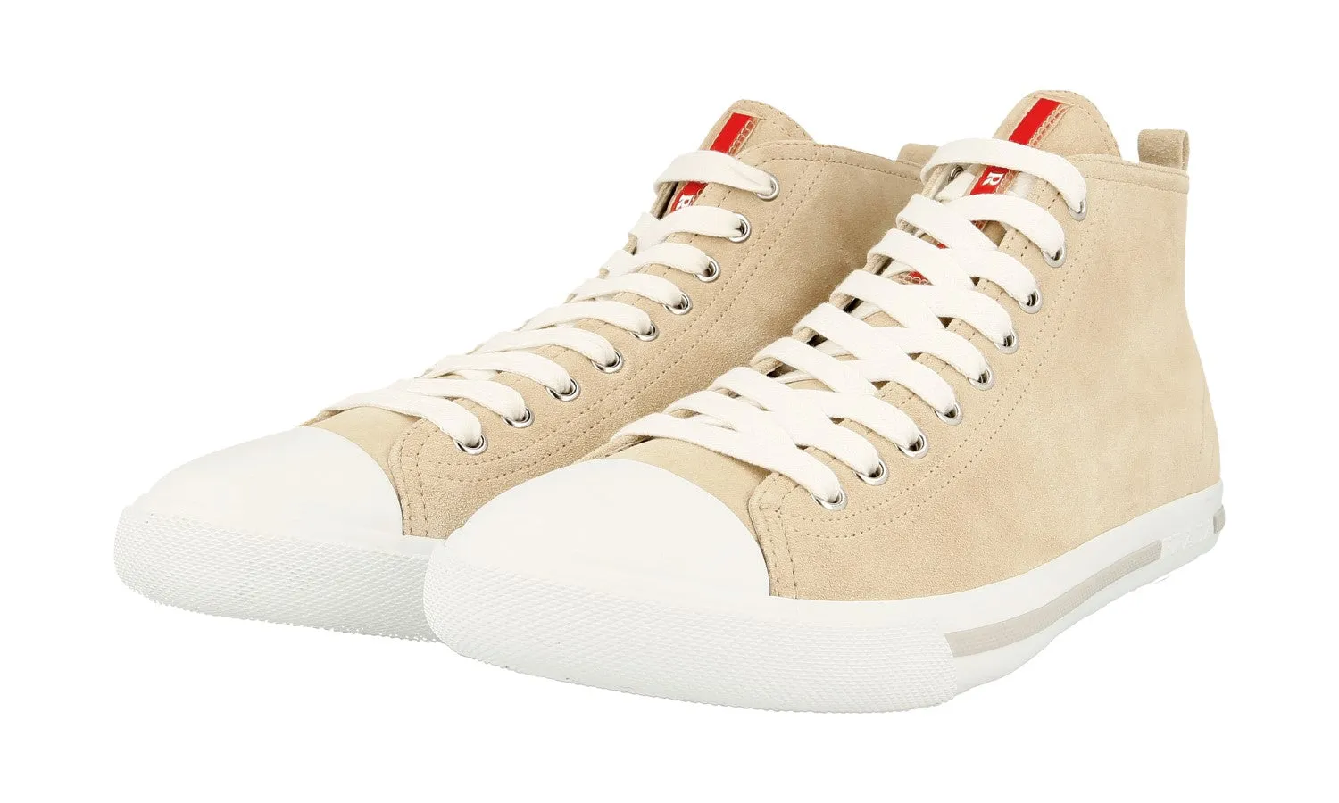 Prada Men's Beige Leather High-Top Sneaker 4T2583 Low Drop Profile Easy Grip
