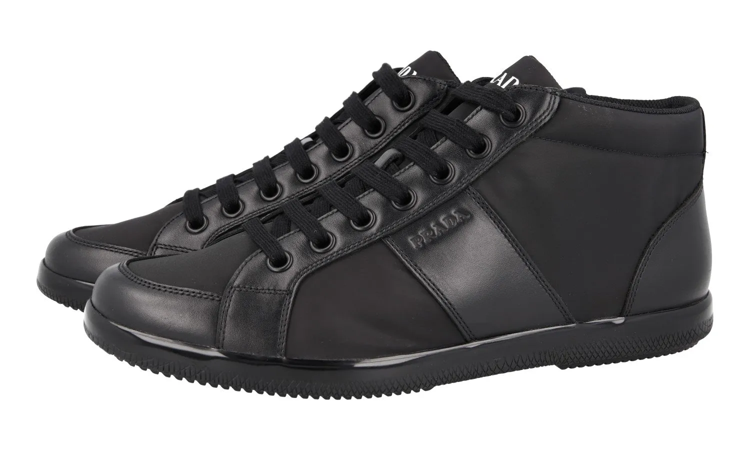 Prada Men's Black Leather Offshore High-Top Sneaker 2TG195 Seamless Upper Construction Tear Resistant Stitching