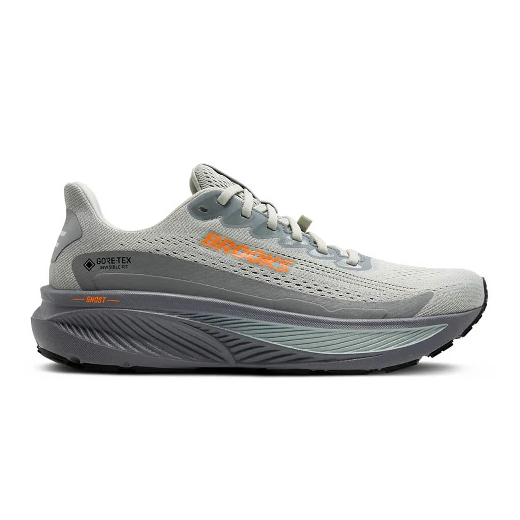 Gym workout Anatomical shape Mens Brooks Running Ghost 17 GTX in Smoke/Primer Grey/ Orange