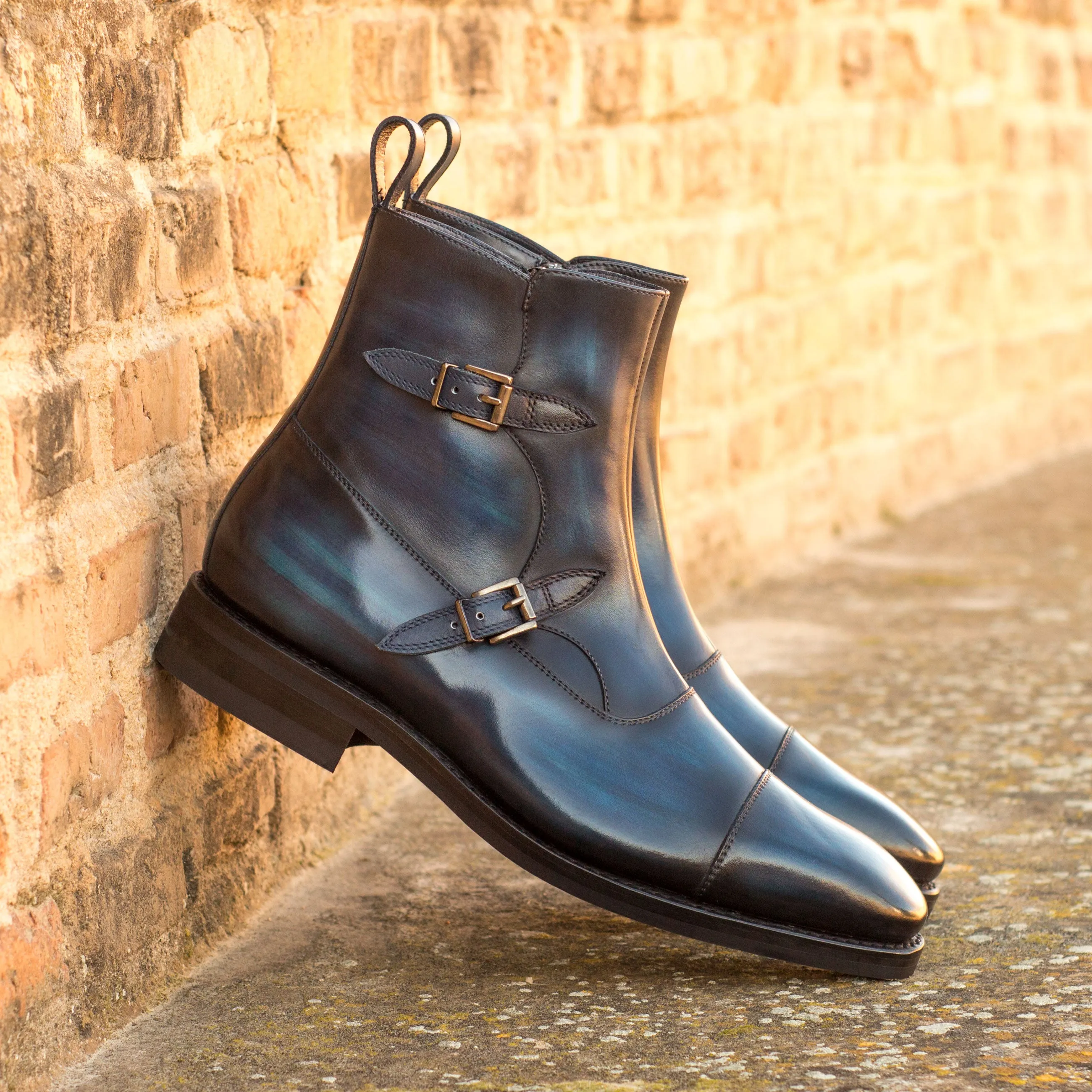 Taper Shape Mono Hue Navy Patina Leather Double-Monk Boots