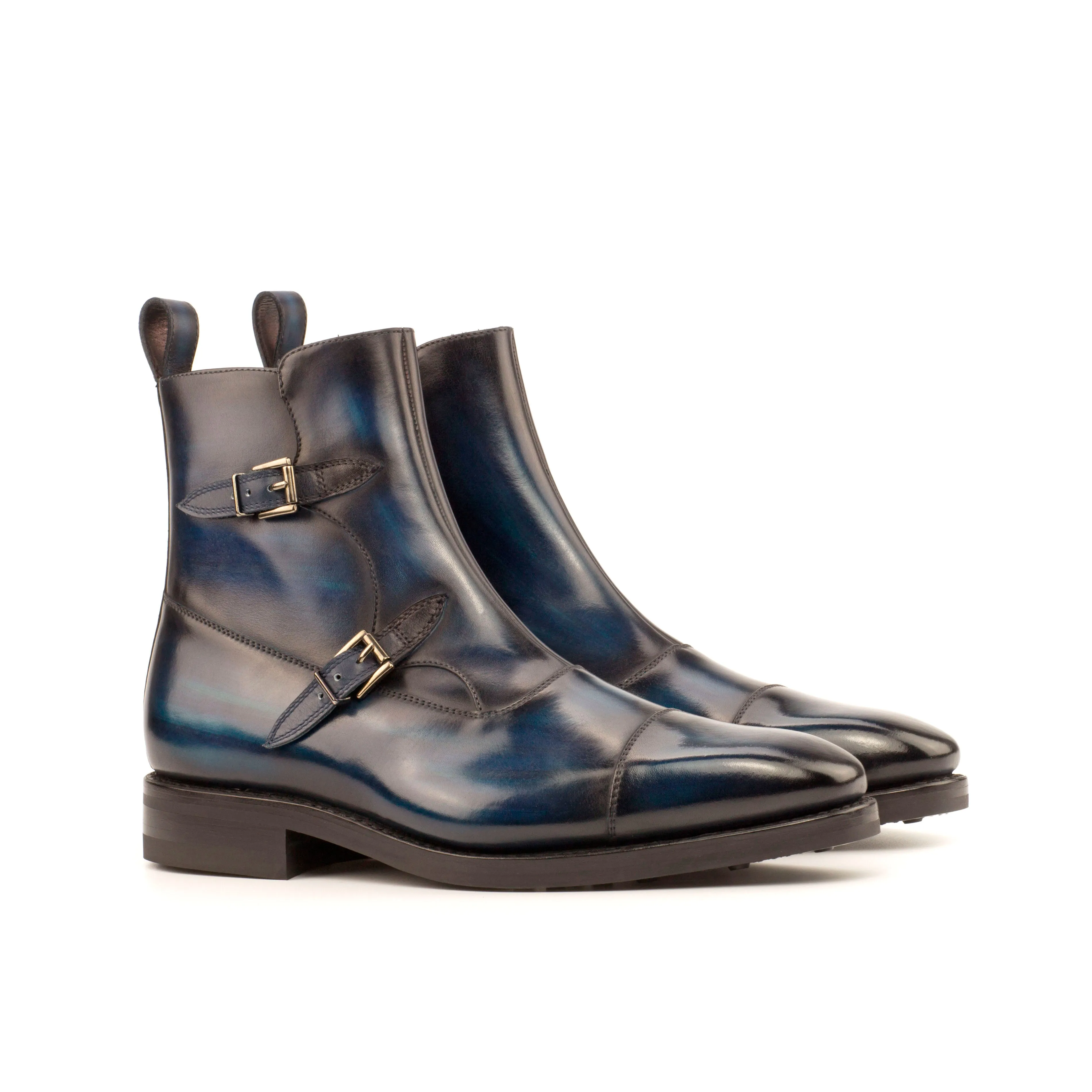 Quick Drying True Size Navy Patina Leather Double-Monk Boots