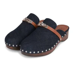 Sail Vibe Top quality Hermes Carlotta Mule Bleu Brut Denim and Gold Calfskin