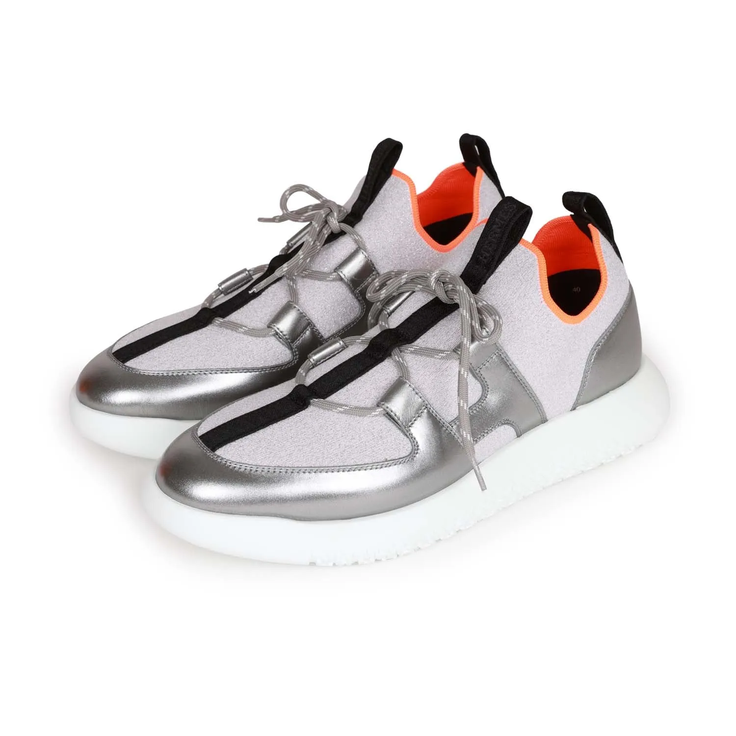 Modern Bold Carry Easy Top quality Hermes Duel Sneakers Silver, Black, and Orange Calfskin and Rubber 40