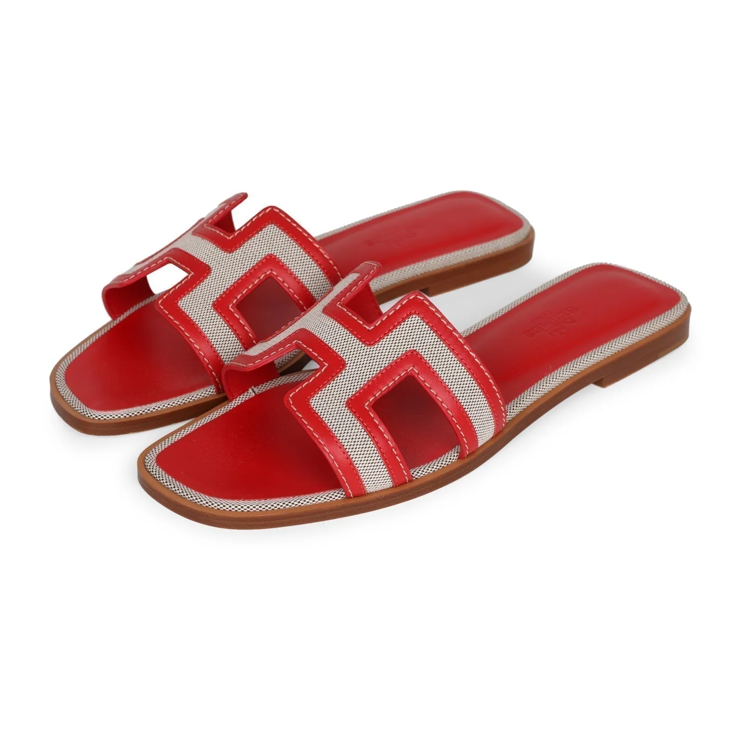 Ventilated Mesh Travel Enthusiasts Bone Aid Top quality Hermes Oran Sandals Prunoir Rouge Canvas 38.5
