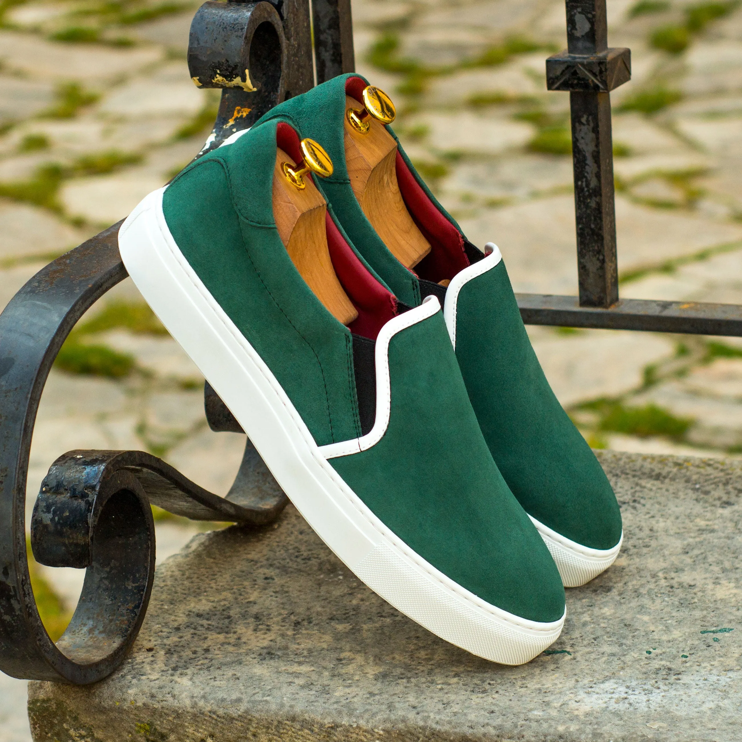 Green Suede Slip-On Sneakers Stretch Entry Wear resistant